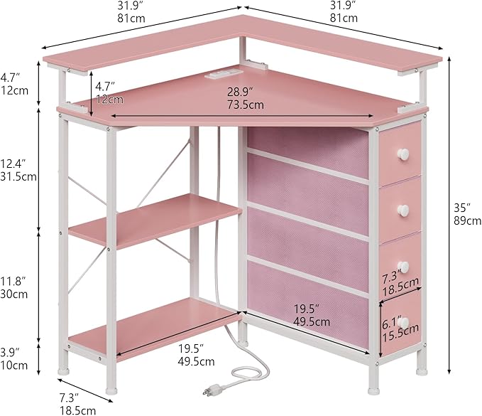 Corner Desk with Drawers Shelves for Small Space 90 Degrees Triangle Computer Desk with Power OutletsGaming Desk with LED Lights Monitor Stand for Home Office Workstation Writing Table (Pink)