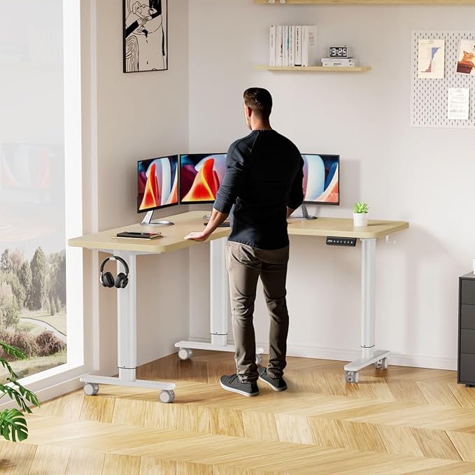 Flycity Electric L Shaped Standing Desk Adjustable Height 63 x 55 Corner Stand Up Table Home Office Desk Dual Motor Sit Stand Desk Computer Desk with 3 Memory Preset &amp Lock Maple