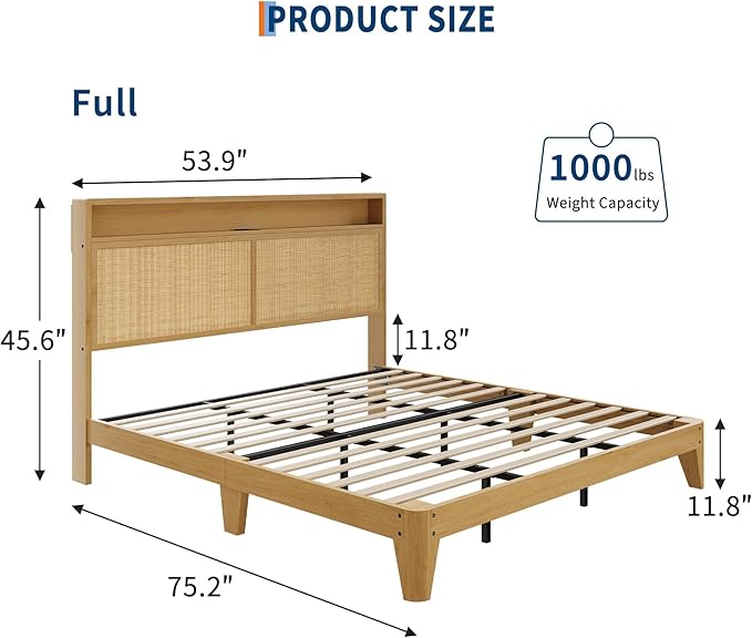 GAOMON Rattan Bed Frame Full Size with RGB LED Light &amp Charging Station Boho Rattan Full Bed Frame with 2 Tier Storage Headboard Sturdy Wooden Slats Support Under Bed Storage No Box Spring Nee