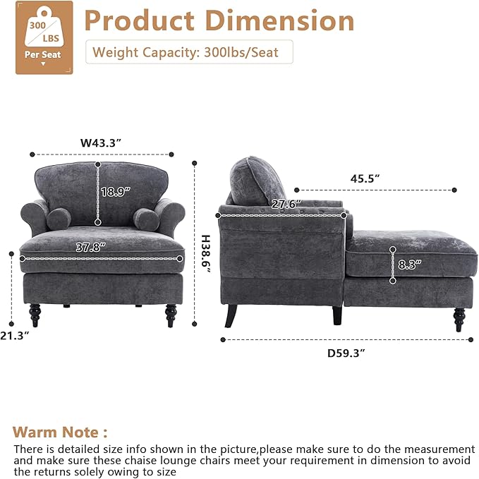 Setawix Chenille Upholstered Chaise Lounger Sleeper Sofa ChairOversized Chaise Lounge Chair Indoor with Rolled ArmsMid Century Modern Lounger Couch for Living Room Bedroom (Dark Grey 43.3 W)