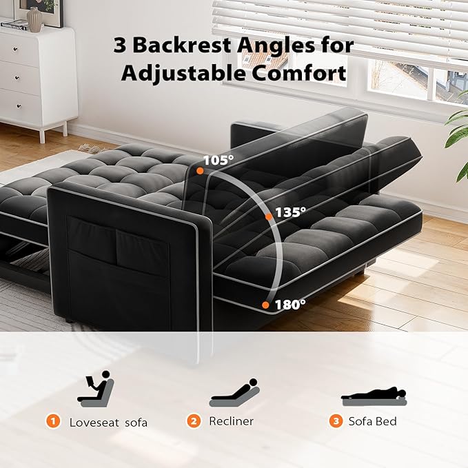 Pipishell 3 in 1 Convertible Sleeper Sofa BedPull Out Couch for Living Room with USB Ports &amp Side PocketsAdjustable BackrestVelvetLoveseat Sofa BedFuton CouchesBlack
