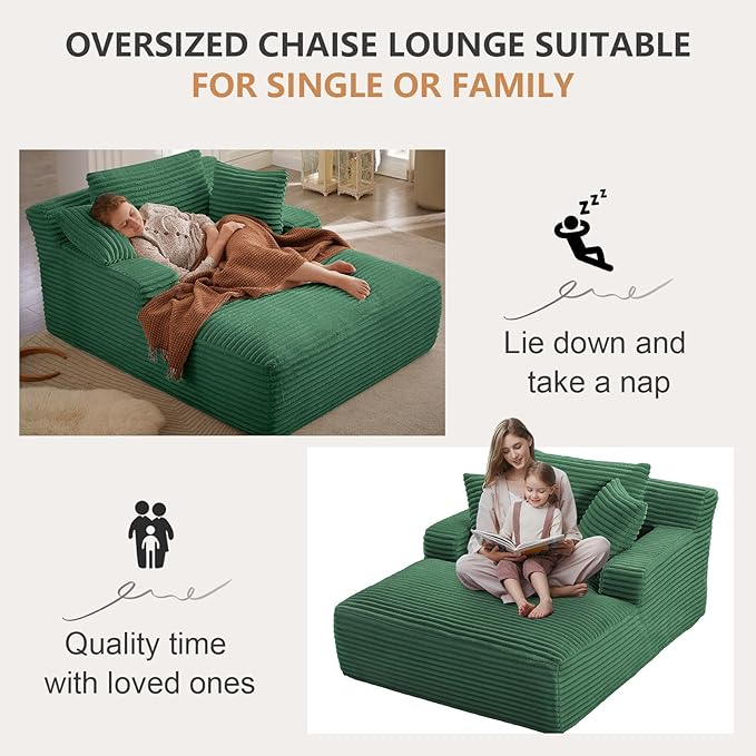 49.2Oversized Chaise Lounge Chair IndoorCorduroy Boneless Reading Chair with 3 PillowsDeep Seat Cloud Sofa BedComfy Modern Sleeper Chairs in Box for Living Room BedroomNo Assembly(Green)