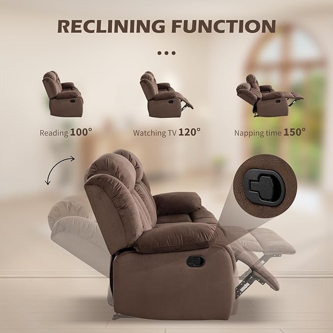 INZOY Manual Loveseat Recliner Sofa with Padded Armrest Wall-Hugger 2 Seat Reclining Love Seat Couches with Overstuffed Back Double Seater Reclining Chair for Living Room Theater Seating Brown