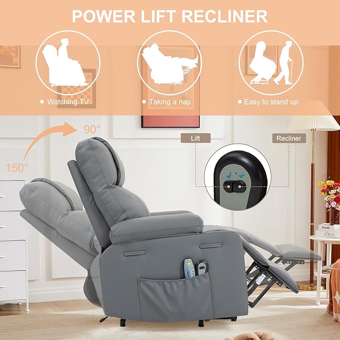 Power Lift Recliner Sofa Chair Electric Stand Assit for Elderly People Leather Reclining Chair with Cup Holders Massage &amp Heat Functions Living Room or Bedroom Furniture for Resting Gray