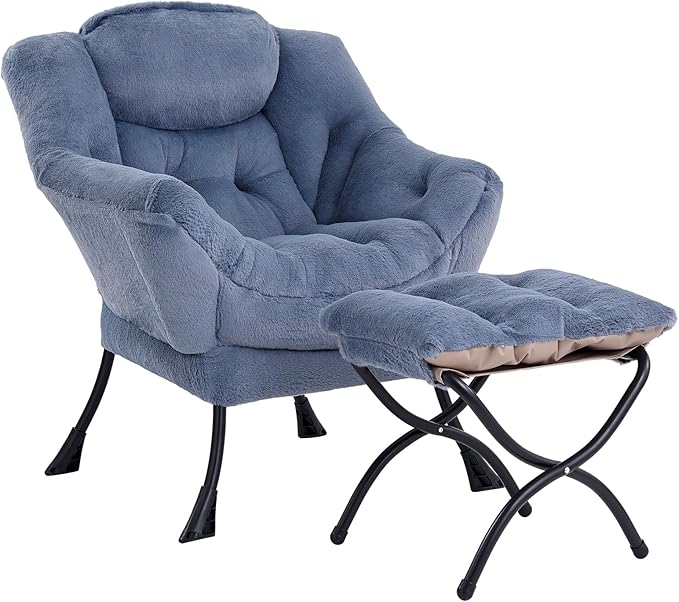 Lazy Chair with Ottoman Modern Accent Chair Contemporary Lounge Leisure Sofa Chair with Armrests Reading Chair and Folding Footstool Set for Living Room Bedroom Office Velvet Black