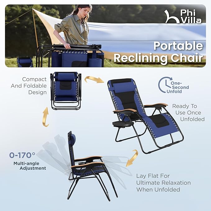 PHI VILLA XXL Oversized Padded Zero Gravity Chair Foldable Patio Recliner 30 Wide Seat Anti Gravity Lounger with Cup Holder Support 400 LBS (Navy Blue)