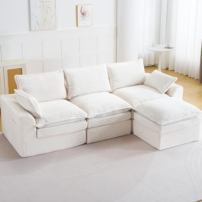 113 Cloud Sectional Boneless Couch for Living Room Modern Modular Sectional Sofa Deep Seat with Ottoman Upholstered Comfy Sectional CouchesCorduroy L Shaped Couch with Side PocketsBeige