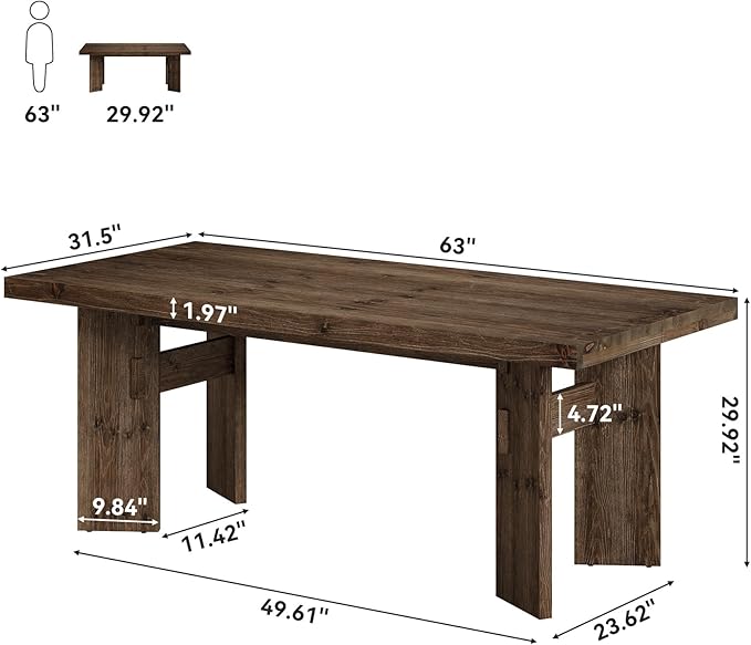 63-Inch Executive Desk Solid Wood Home Office Computer Desk with Heavy Duty Legs Modern Simple Study Writing Table for Office Conference Room Rustic Brown