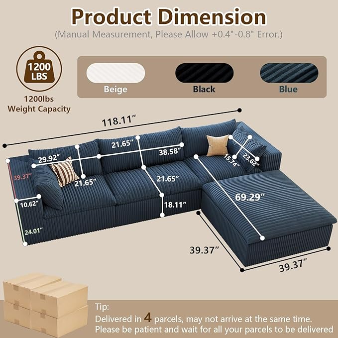 Modular Sectional Sofa Corduroy Plush L Shape Cloud Couch Modern Deep Seat Boneless Couches for Living Room Large Compression Sofas Luxury Fluffy Couchs Sectionals Blue