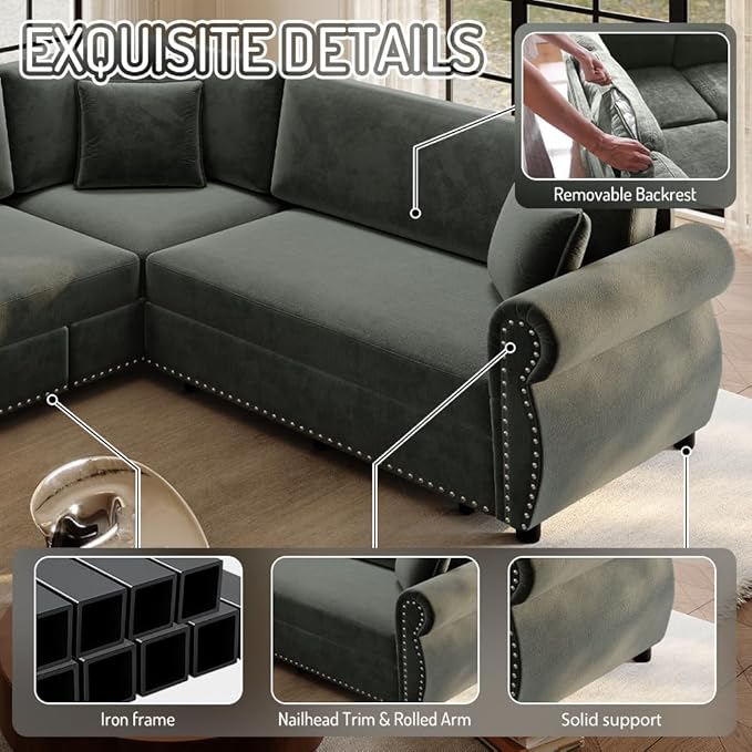 88.2 Sleeper Sofa Bed Sectional Couches for Living Room/Apartment Chenille L Shaped Couch with Pull Out Couch Bed Convertible Sectional Sofa with Rolled Arm &amp Nailhead Trim Green