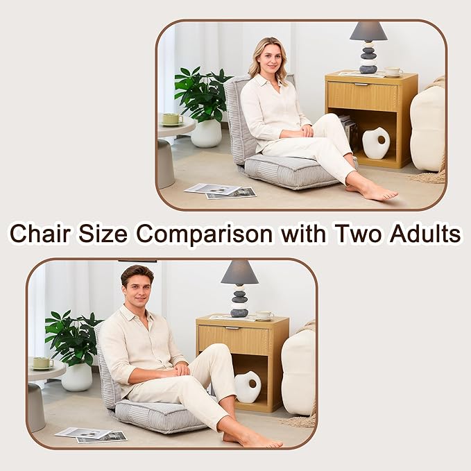 Adjustable Floor Chair with Back Support 6-Position Folding Meditation Chair Floor Sofa Chairs for Adults Comfy Accent Chairs for Reading Gaming Living Room Bedroom Light Grey