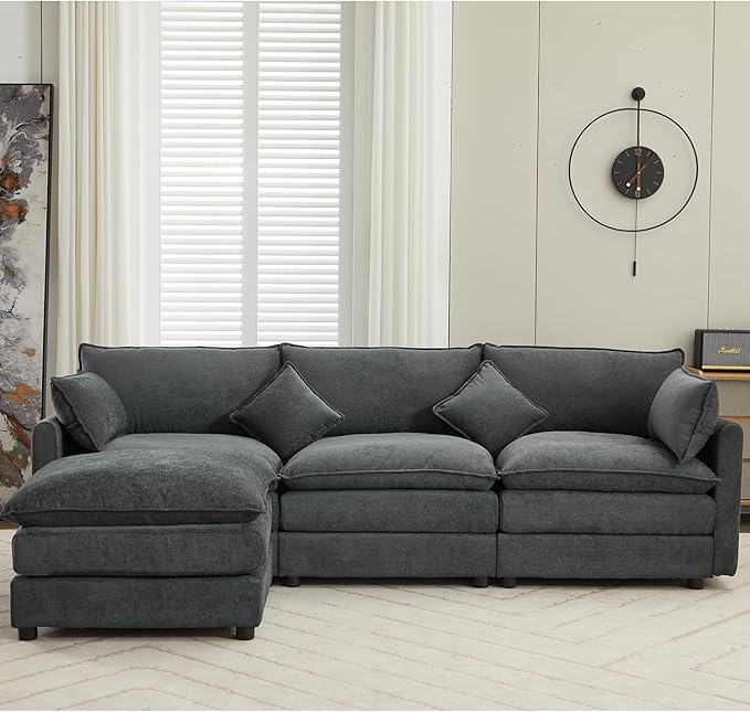 kevinplus 101'' Modular Sectional Sofa Couch L-Shaped with Convertible Ottoman for Living Room Modern Contemporary 3-Seat Fabric Sofa Couch Thick Cushion Dark Gray
