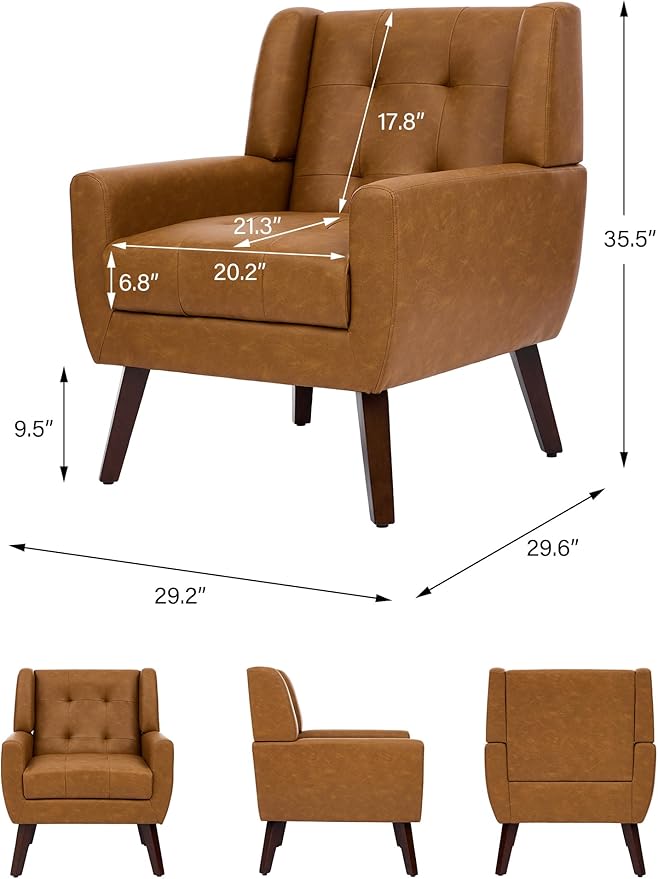 Accent Chair Comfy Mid Century Modern Small Armchairs with Solid Wood Frame and Soft Cushion for Living Room Bedroom (Faux Leather Brown Set of 1)