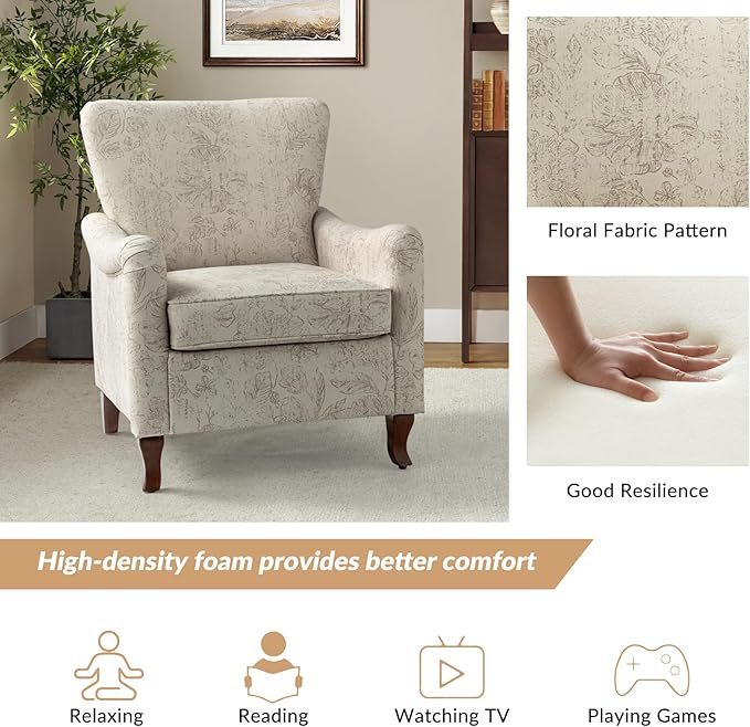 HULALA HOME Floral Accent Chair Modern High Back Armchair with Wooden Legs Comfy Wingback Chair Upholstered Accent Single Sofa Chair for Living Room &amp Bedroom Beige