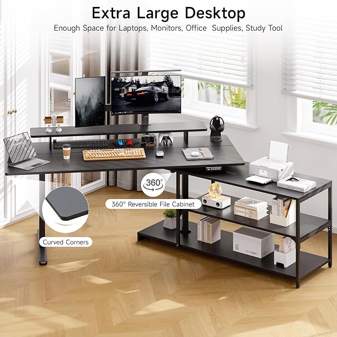 ONBRILL L Shaped Standing Desk with File Cabinet 63x24'' Electric Stand Up Desk with Monitor and Storage Shelf Adjustable Height 28-46'' for Home and Computer Workstation Black