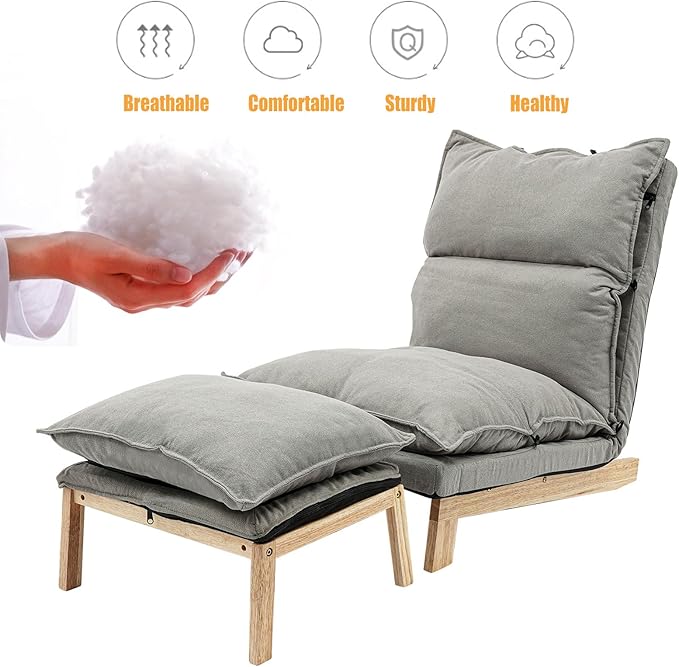 Single Lazy Sofa Lounge Chair with Footstool 5-Position Reclining Comfort for Living Room Balcony Japanese Tatami Floor Recliner Modern Leisure Recliner Indoor Use Grey