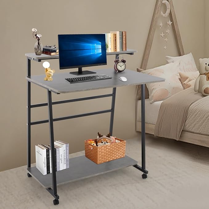Small Office Mobile Computer Desk 3-Tier Laptop Table with Storage Shelves Tiny Computer Desk with Wheels for Home Office Bedroom Living Room Studio (Grey+Black)