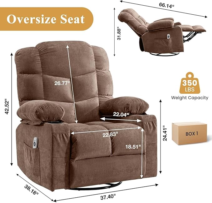 360° Swivel Recliner Chair with Lumbar Heating and Storage Side Pocket Oversized Adult Massage Rocking Chairs with USB &amp Cup Holders Ergonomic Single Sofa Chair for Living Room (Brown)