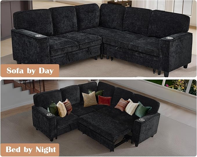81 L Shaped Sleeper Sofa Couch with Pull Out Sofa Bed Oversized Convertible Sleeper Bed with Storage USB Ports &amp Cup Holder Sectional Couches for Living Room (Charcoal Grey)