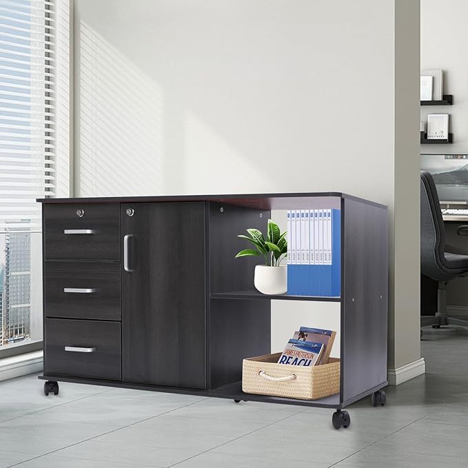 Mobile File Cabinet 3-Drawer MDF Mobile Lateral Filing Cabinet Locking File Cabinets with 5 Universal Wheels for Home Office (Black Walnut)