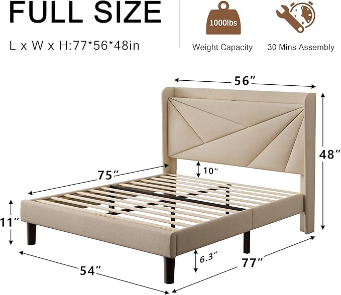 Full Size Upholstered Bed Frame with Charging Station Platform Bed Frame with Storage Headboard Solid Wood Slats Support No Box Spring Needed Beige