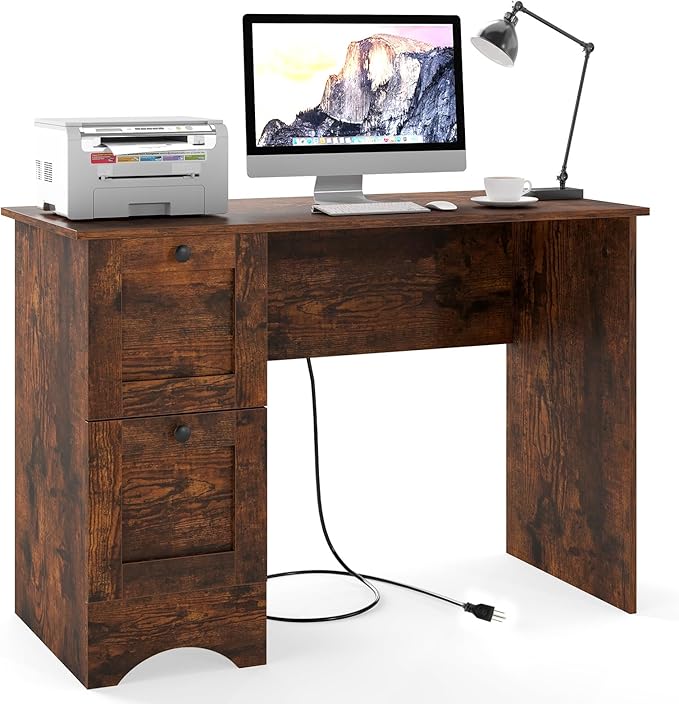Computer Desk with Power Outlet and Drawers 43 Home Office Desks Farmhouse Writing Study Workstation for Teens Wooden Gaming Table Small Computer Desk for Small Spaces (Rustic Brown)