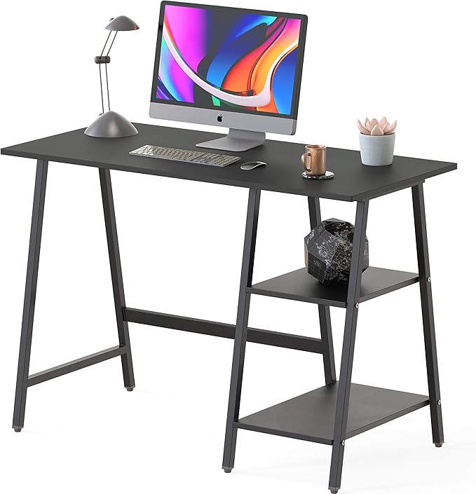 SHW 43-Inch Home Office Trestle Computer Desk with Open Storage Shelves Black