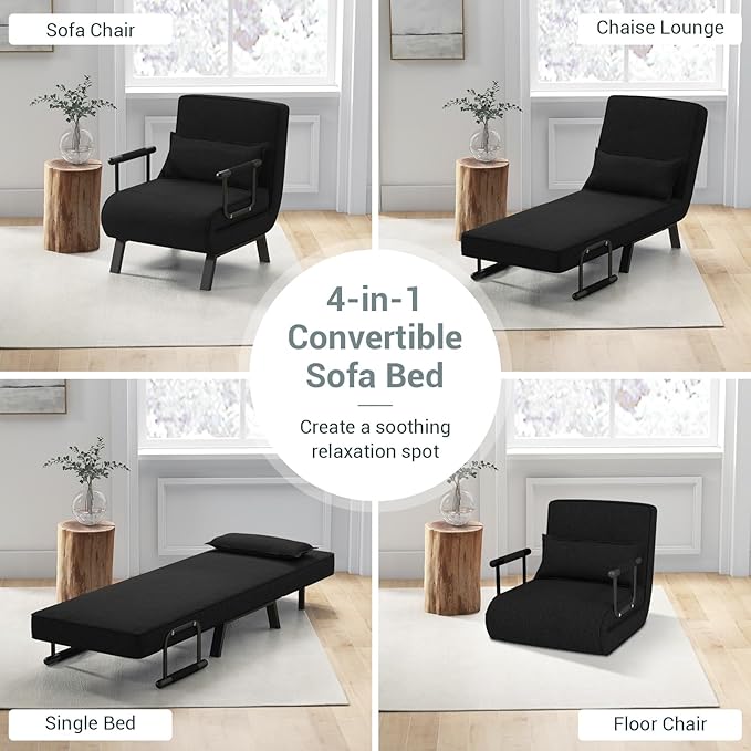 MAT EXPERT Convertible Sleeper Chair with Pillow 4-in-1 Modern Folding Chair Bed with 6-Level Adjustable Backrest Single Comfy Couch Bed for Living Room Office Balcony Apartment (Black)
