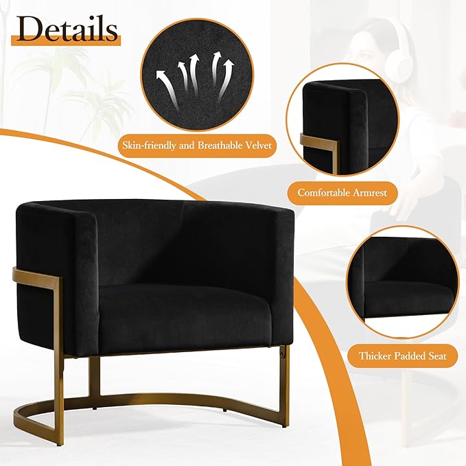 Modern Black Accent Chair Velvet Barrel Chair Padded Seat Upholstered Comfy Armchair for Reading/Living Room/Bedroom/Club Side Chairs with Luxury Gold Frame