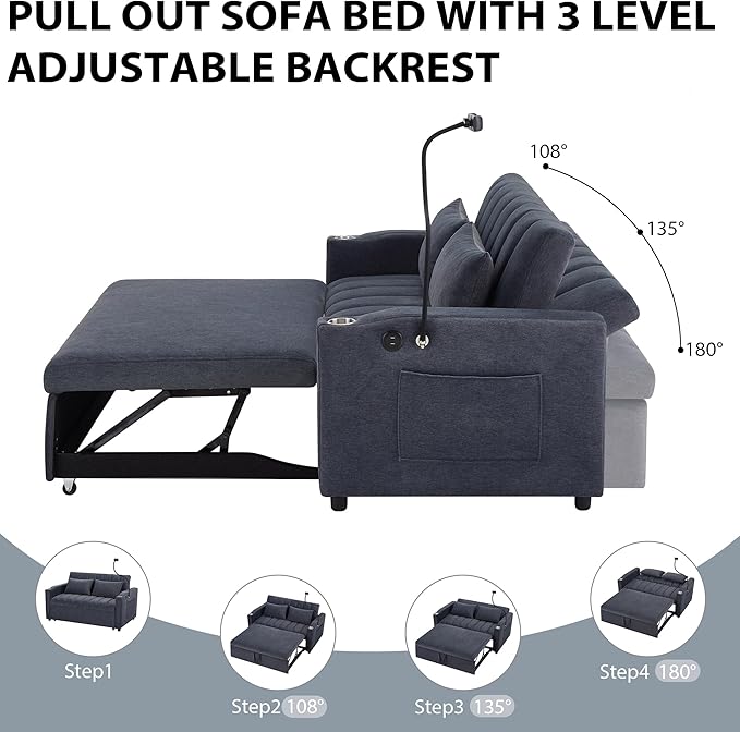 Pull Out Sofa Bed 55.9 Convertible Sofa Bed with 360°Swivel Phone Holderm Two Side Pockets Two Cup Holders 3 Level Adjustable Backrest Bella Fabric Loveseat Sofa (Blue Grey * Loveseat90)