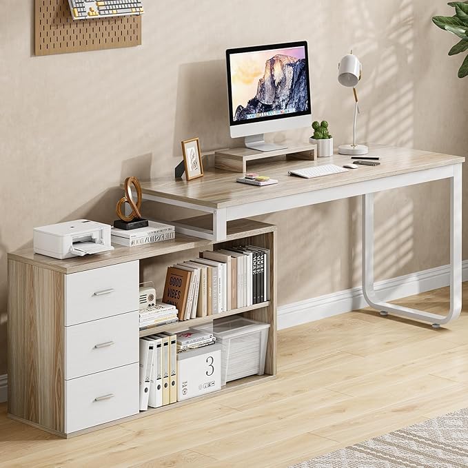 55 Inch L Shaped Desk with 3 Drawers White Desk with Storage Shelves Home Office Desk with Monitor Stand White and Walnut