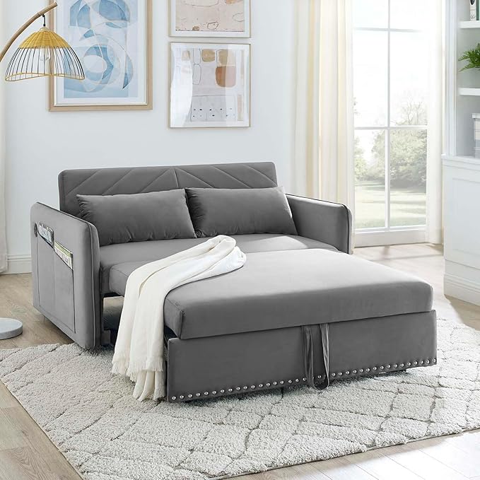 3 in 1 Convertible Sleeper Sofa Bed 55Compact Pull Out Couches with lumbar pillows &amp Storage pocket &amp USB Ports Adjustable Backrest Comfy Velvet Loveseat Sofas for Living Room Small Space