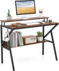 Giantex Small Desk with Storage Compact Computer Desk for Small Spaces with Monitor Stand Metal Frame &amp Earphone Hook Laptop PC Table Modern Writing Desk for Home Office Bedroom (Rustic Brown