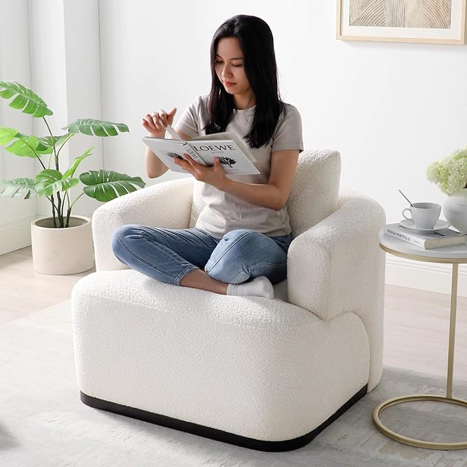 Oversized Living Room Chair Modern Comfy Boucle Accent Chairs with Throw Pillow Upholstered Armchair for Bedroom Office Waiting Room Fully Assembled (White)