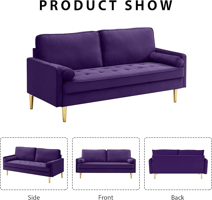 67in Modern Velvet Loveseat Sofa Couch Mid-Century Tufted Upholstered Small Love Seat Couch with 2 Pillows &amp 4 Golden Legs 2-Seats Couches for Compact Space Living Room Apartment (Purple)