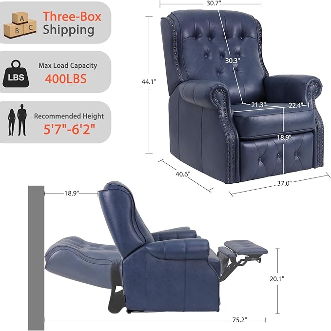 EONIX Dual Motor Lay Flat Power Recliner Chair Mid Century Wingback Recliner with Independent Adjustable Backrest and Extended Footrest 400lbs Heavy Duty Breathable Faux Leather Navy Blue