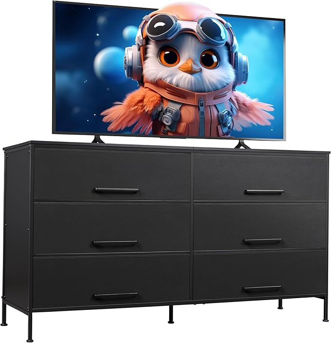 WLIVE Black TV Stand for 60 65 70 inch TV Large Entertainment Center with 6 Fabric Drawer TV Media Console Table with Wood Top Adjustable Feet for Living Room Hallway