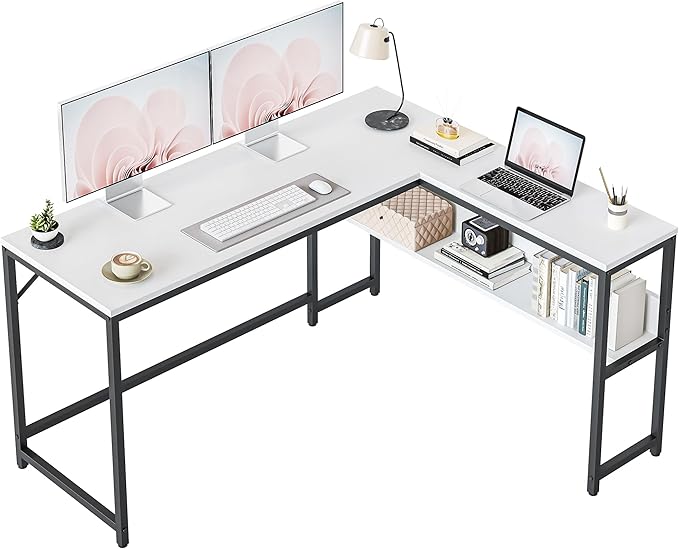 FEZIBO 55.1-Inch L-Shaped Corner Desk with Storage Shelves Home Office Computer Desk with Bookshelf for Writing Gaming and Study