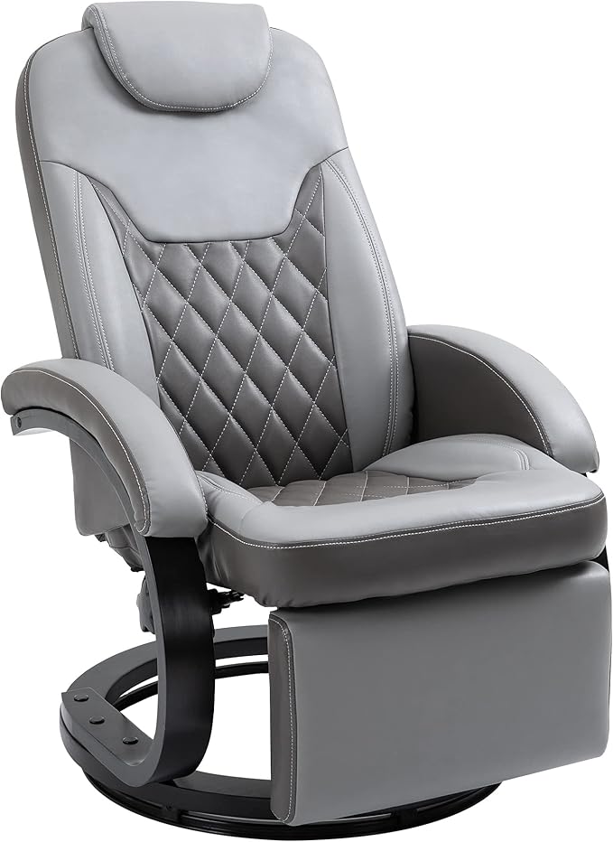 HOMCOM Faux Leather Manual Recliner Adjustable Swivel Lounge Chair Armchair with Footrest and Round Base for Living Room Gray
