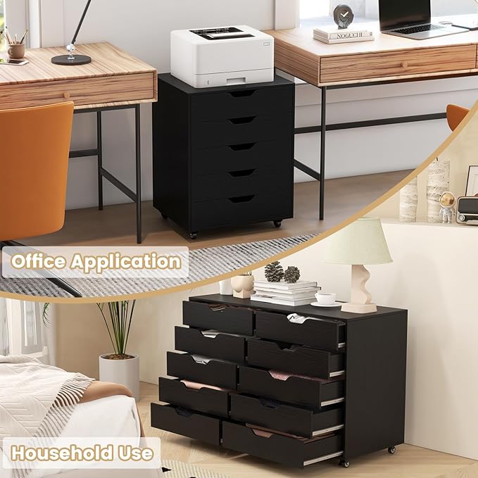File Cabinet Mobile Filing Cabinet w/Universal Wheels &amp 5 Drawers Wood Printer Stand with Storage Rolling File Cabinets for Home Office Living Room Bedroom (Black 5 Drawers)