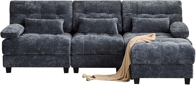 KEIKI 93 3 Seater Chenille Modular Sectional Couches with 4-Position Adjustable Backrest Ottoman &amp 3 Throw Pillows Comfy Couch Sofa for Living Room Apartment Indoor 350lb/Seat