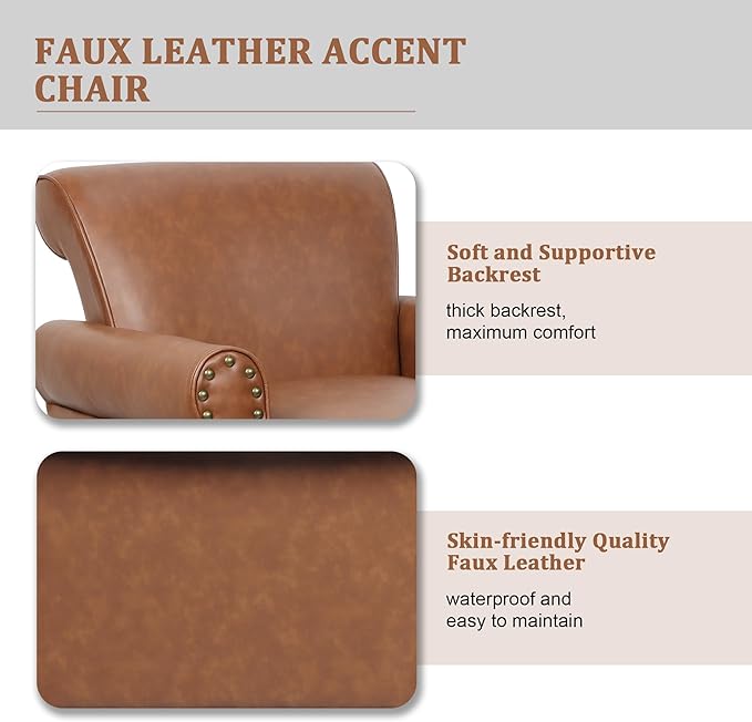 Accent Chair Mid Century Modern Faux Leather Arm Chair with Wood Leg for Living Room Bedroom Comfy PU Leather Club Reading Chairs with Wingback &amp Nailhead Trim (Leather Brown Set of 2)
