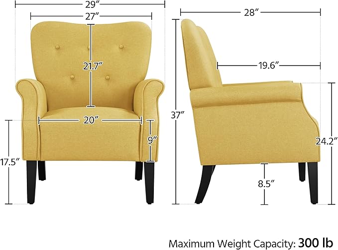 Yaheetech Modern Armchair Mid Century Accent Sofa Chair with Sturdy Wood Legs and High Back Upholstered Fabric Sofa Club Chair for Living Room/Bedroom/Office Yellow
