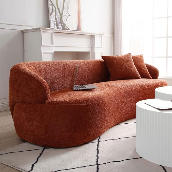 Curved Sofa Couch 86.6 3-Seater Modern Boucle Sectional Couch Comfy Cloud Upholstered 3 Seat Leisure Cushion Sofa with Pillows for Living Room Bedroom Office ApartmentOrange