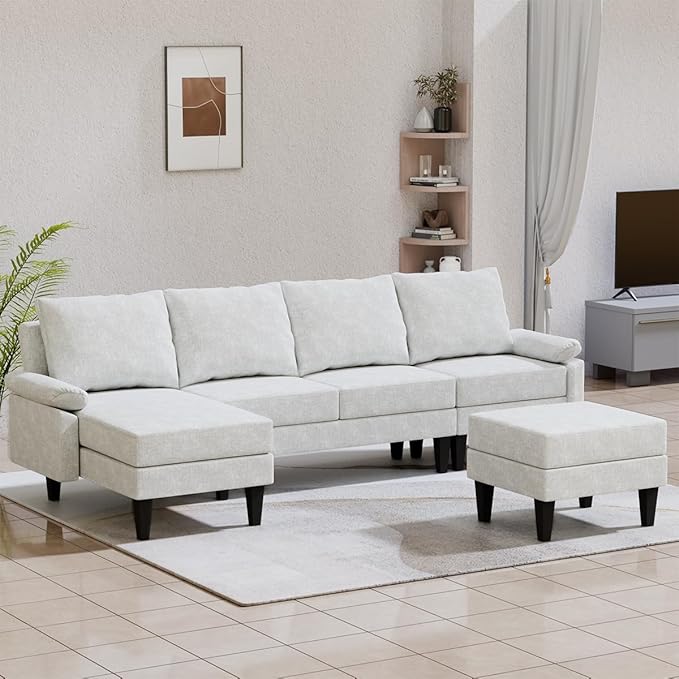 115 Inch Modular Sectional Sofa with Storage Ottoman Modern L-Shaped Sectional Couch with Chaise Chenille Couch for Living Room Apartment or Small Spaces Off-White