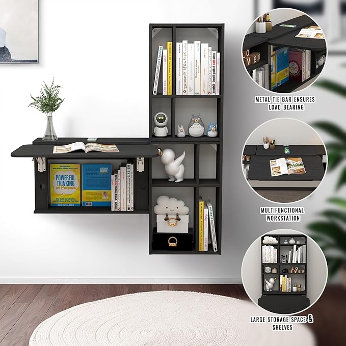 Floating Desk with Storage Shelves 82'' Wall Mounted Desk Laptop Writing Study Table Folding Drop Leaf Table Multifunctional Computer Workstation for Narrow Small Space