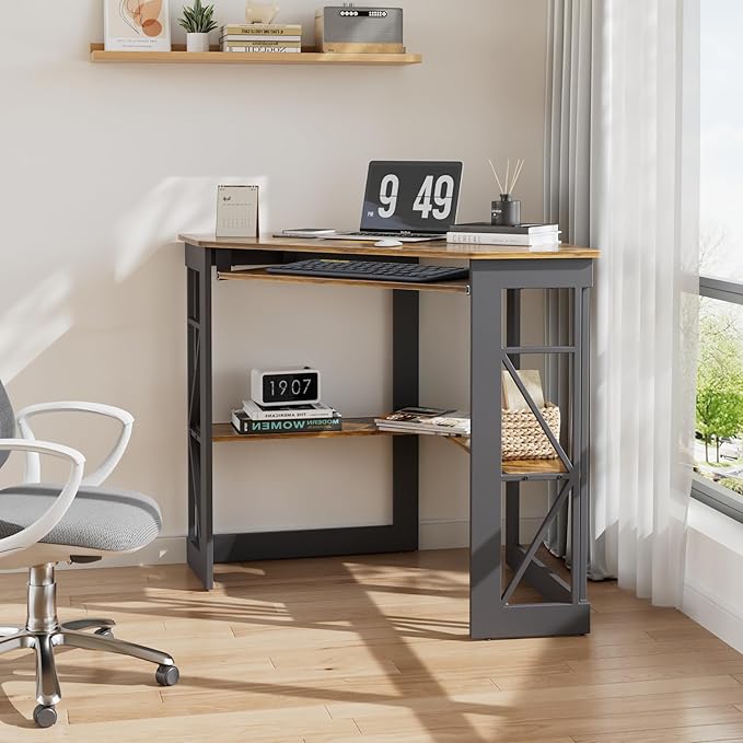 VECELO Corner Desk Computer Desk Writing Table with Smooth Keyboard Tray &amp Storage ShelvesCompact Home Office Triangle TableAntique Brown