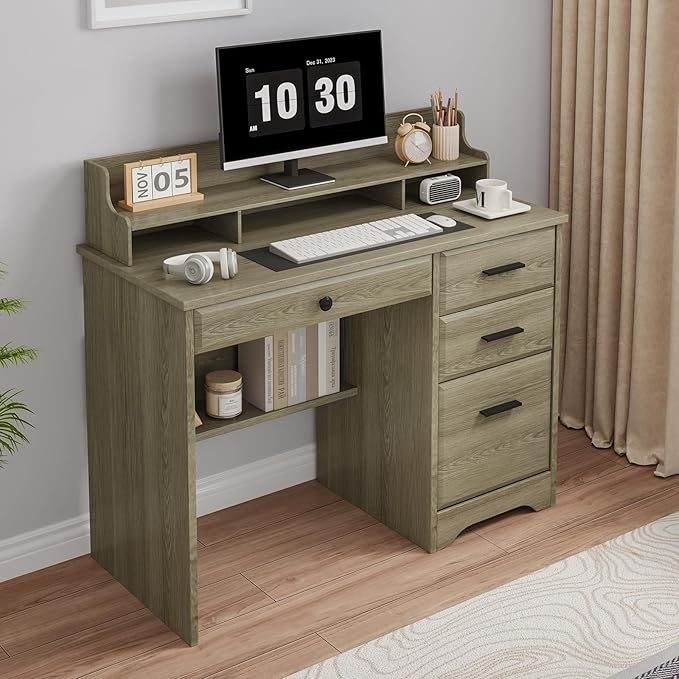 4 EVER WINNER Computer Desk with Drawers Small Desk with Monitor Stand and File Drawer Wood Desk with Storage Writing Desk for Bedroom Home Offic Grey