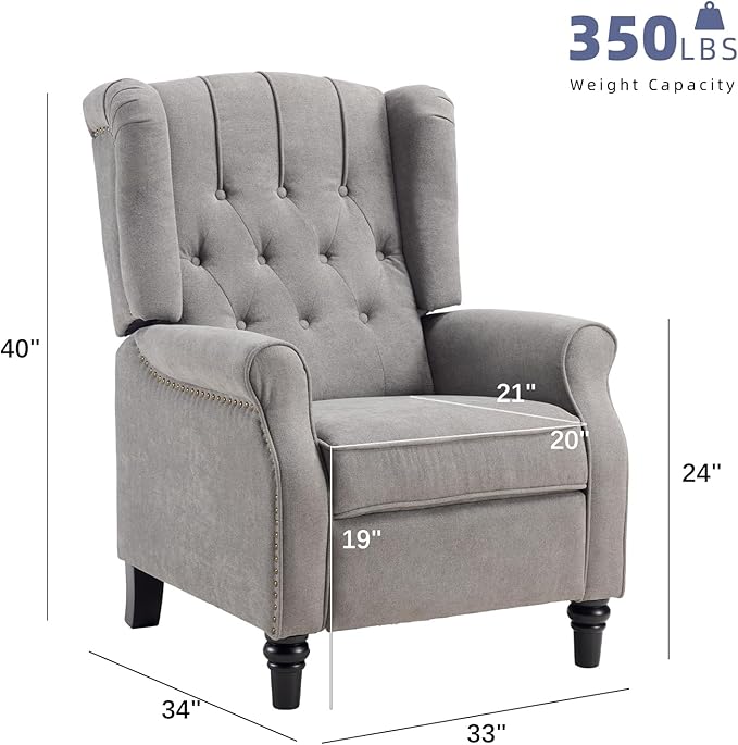 EBELLO Push Back Recliner Chair Fabric Accent Chair Pushback Recliner with Rivet Decoration Button-Tufted Back Mid Century Wingback Armchair for Living Room Bedroom Grey