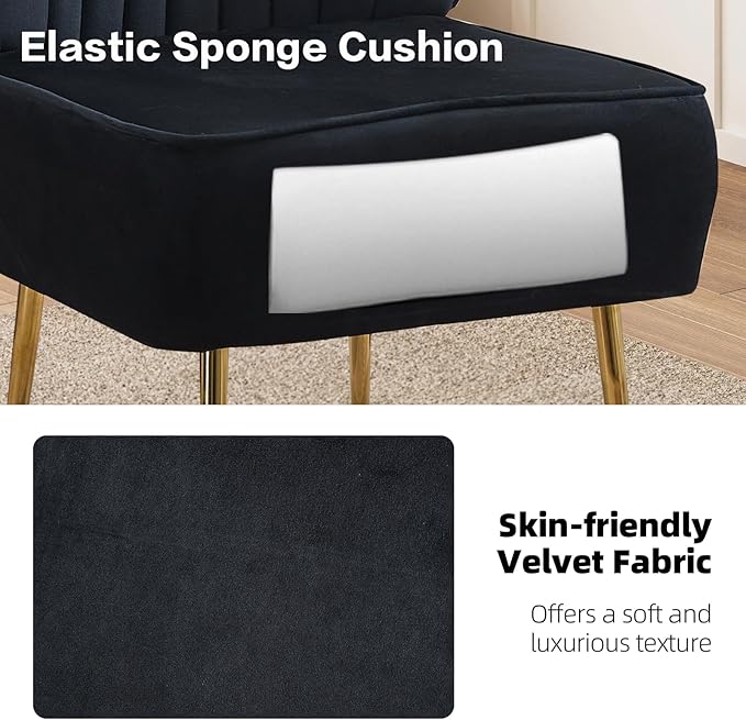 Accent Chair Set of 4 Upholstered Velvet Wingback Side Chairs Modern Armless Living Room Chairs with Golden Legs Vanity Chair for Bedroom Black